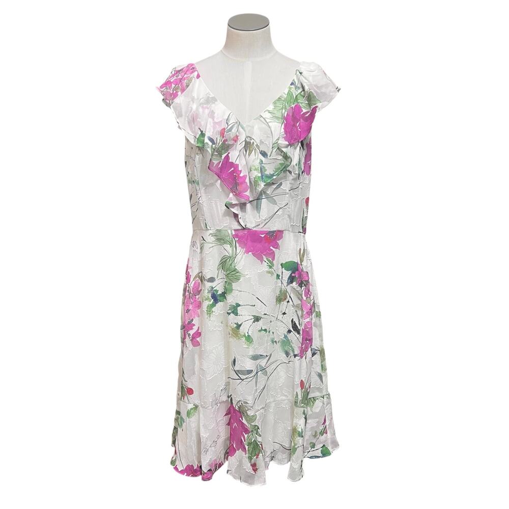 Elegant Romantic DKNY Floral Flowy Ruffle Flutter Sleeve Chiffon Dress Sz 10